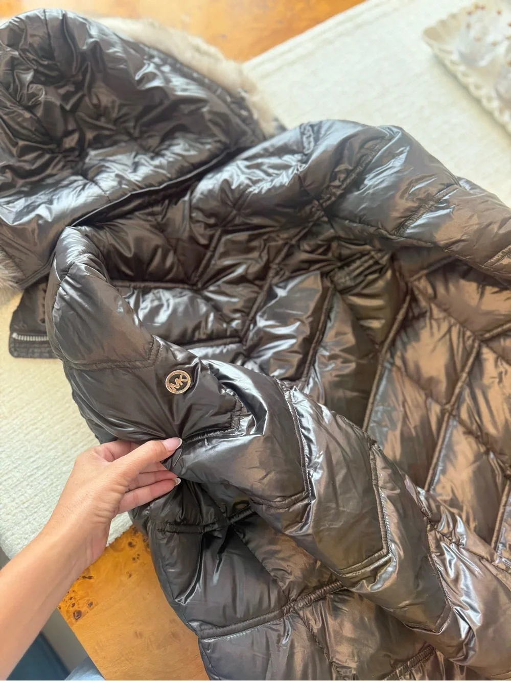 Michael Kors Charcoal Long Quilted Puffer Coat with Faux Fur Hood Nordstrom